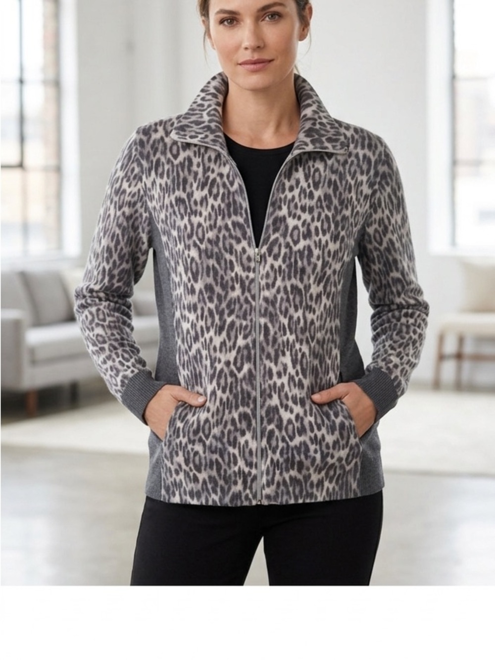 Chico's Leopard Print Cotton Cashmere Blend Full Zip Sweater Jacket Size Medium